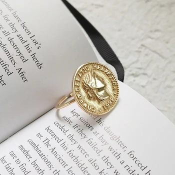 LEVEN VÄLJAMÕELDUD | 14K Gold Geomeetriline Kuninganna Elizabeth Münt Rõnga Vintage Signet Kuldne Medal Vana-kreeka Ehted Ring Võlu Rõngad
